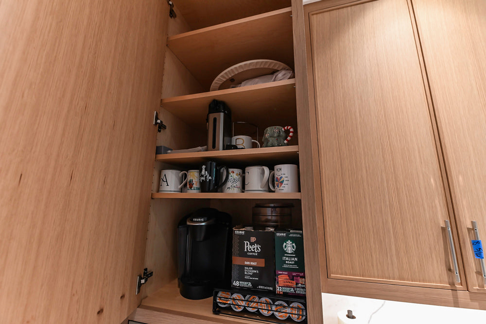 Custom Transitional Natural Wood Toned Butler's Pantry with Marble Countertops