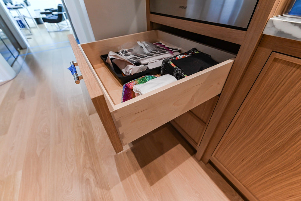 Custom Transitional Natural Wood Toned Butler's Pantry with Marble Countertops