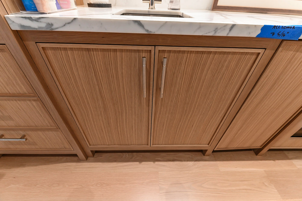 Custom Transitional Natural Wood Toned Butler's Pantry with Marble Countertops
