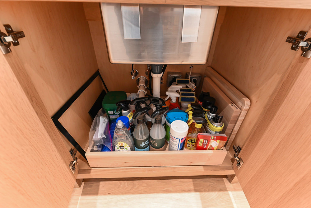 Custom Transitional Natural Wood Toned Butler's Pantry with Marble Countertops
