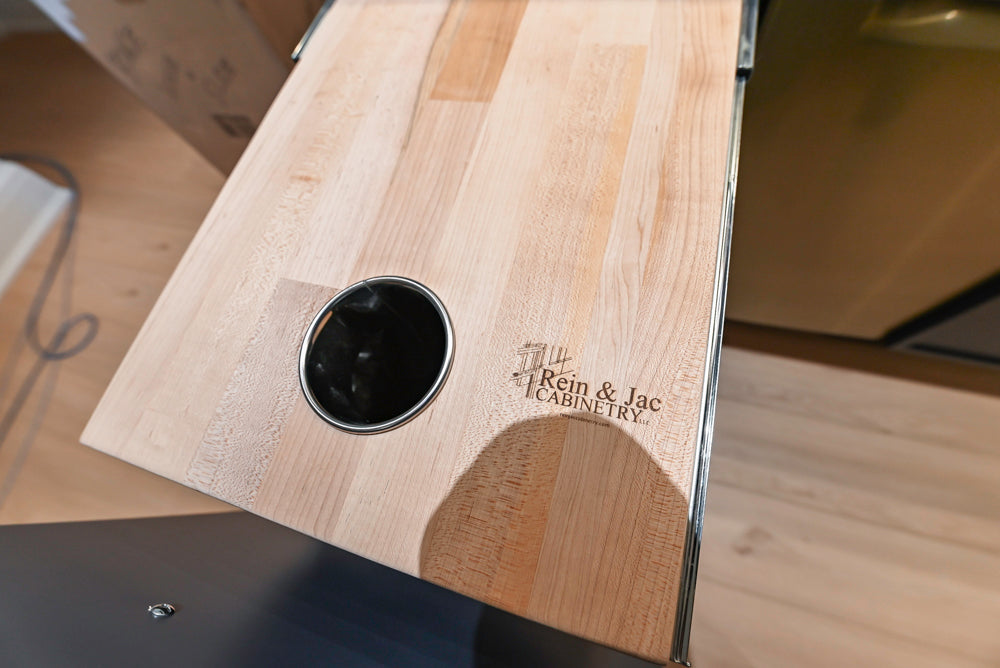 Rein & Jac Transitional Navy & Natural Wood Toned U-Shaped Bar with Marble Countertops, Sink and Faucet