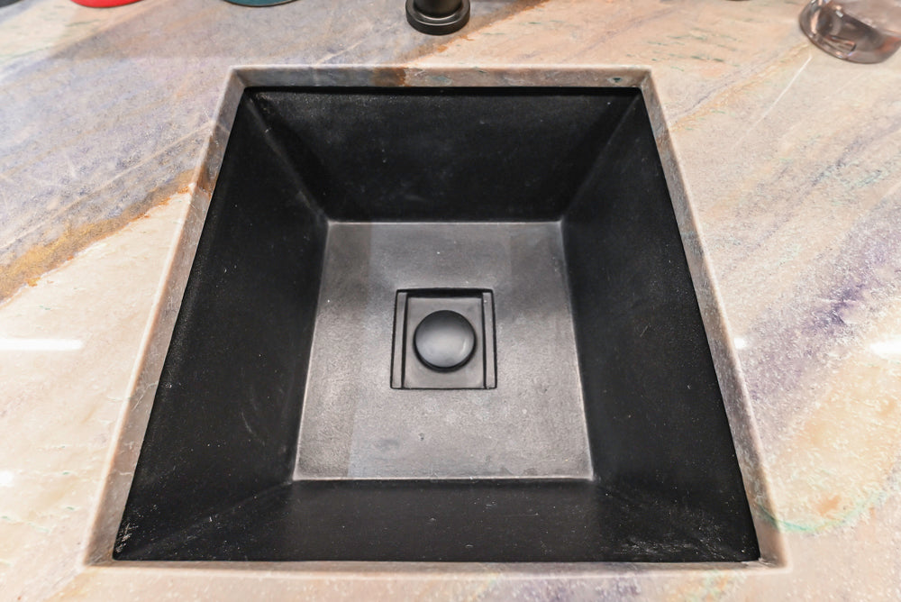 Rein & Jac Transitional Navy & Natural Wood Toned U-Shaped Bar with Marble Countertops, Sink and Faucet