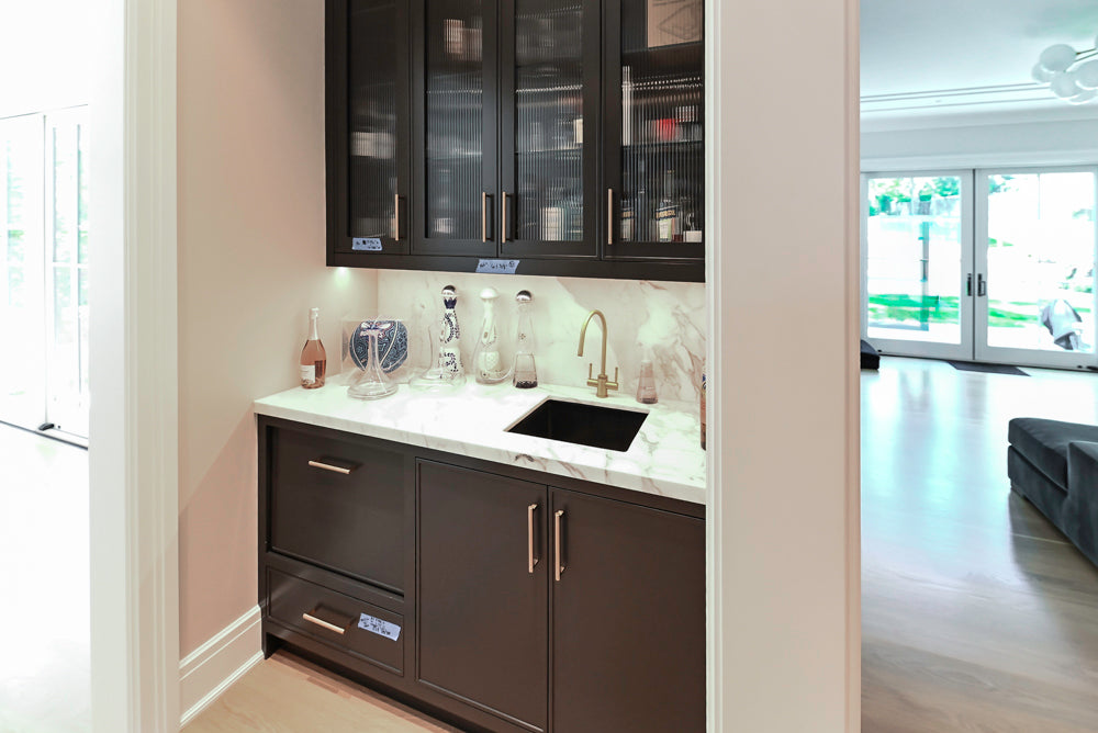 Custom Transitional Black Wet Bar with White Marble Countertops