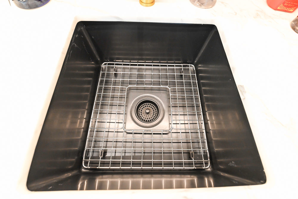 Custom Transitional Black Wet Bar with White Marble Countertops