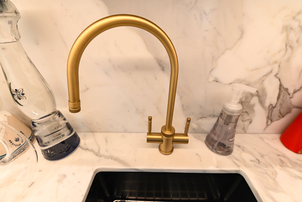Custom Transitional Black Wet Bar with White Marble Countertops