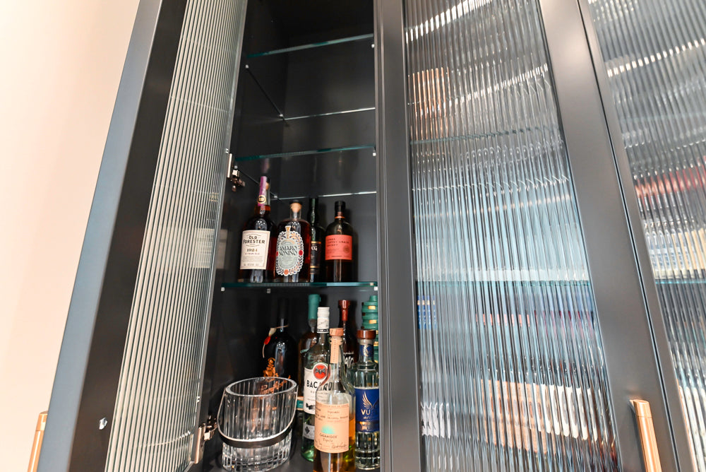 Custom Transitional Black Wet Bar with White Marble Countertops