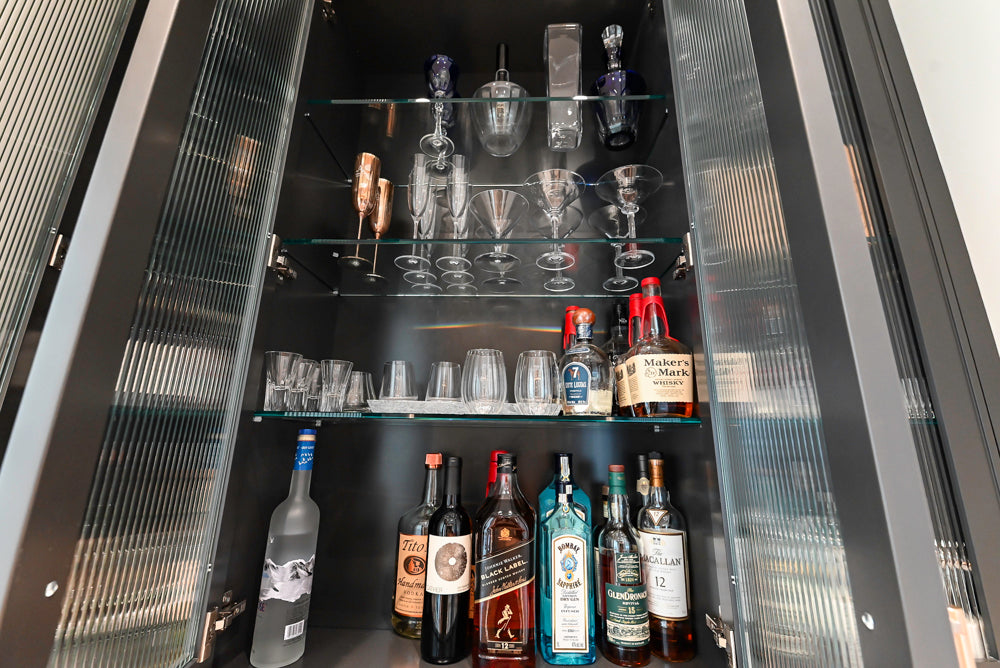 Custom Transitional Black Wet Bar with White Marble Countertops