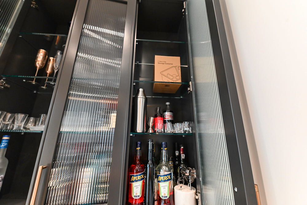 Custom Transitional Black Wet Bar with White Marble Countertops
