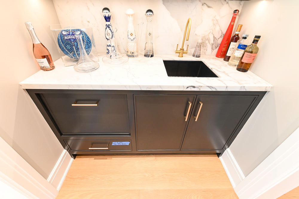 Custom Transitional Black Wet Bar with White Marble Countertops