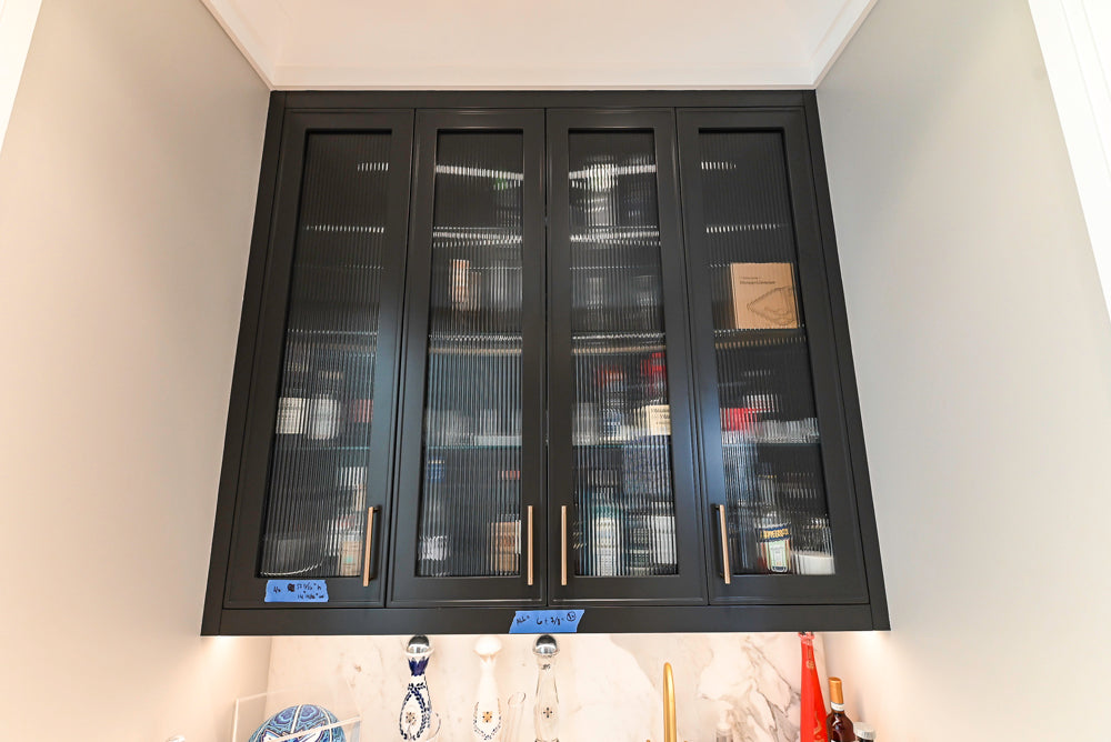 Custom Transitional Black Wet Bar with White Marble Countertops