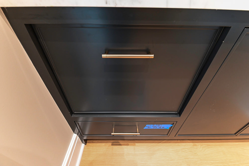 Custom Transitional Black Wet Bar with White Marble Countertops