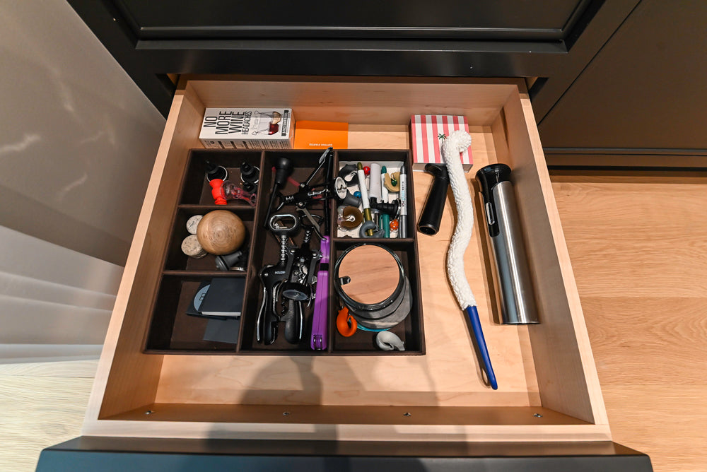 Custom Transitional Black Wet Bar with White Marble Countertops