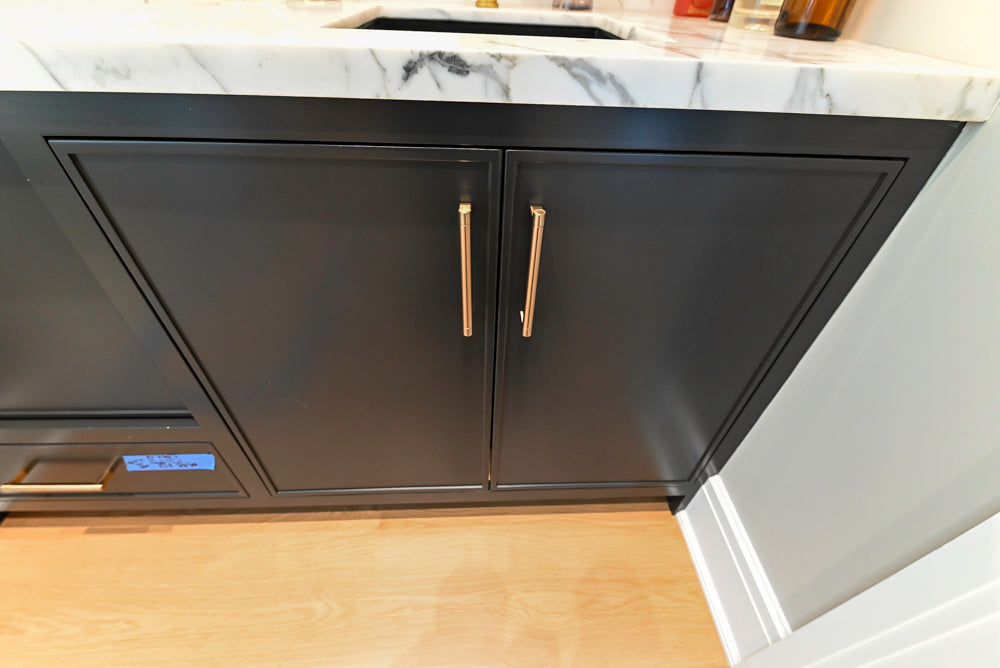 Custom Transitional Black Wet Bar with White Marble Countertops
