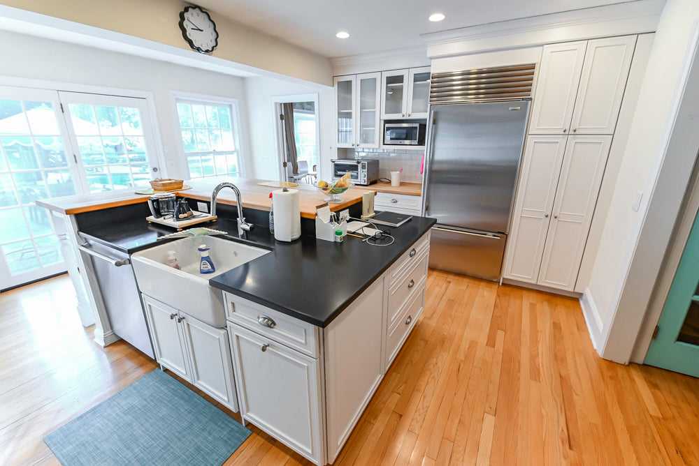 Omega Traditional White Kitchen with Island, Butcher Block Counters and Appliances