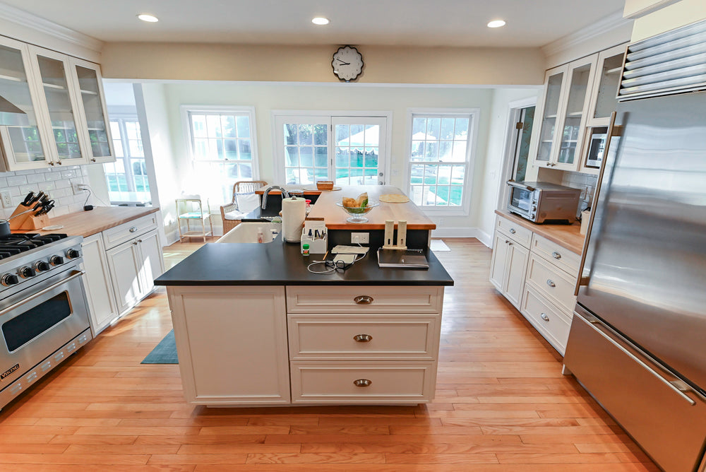 Omega Traditional White Kitchen with Island, Butcher Block Counters and Appliances