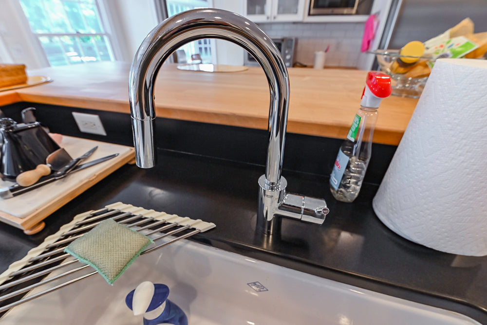 Omega Traditional White Kitchen with Island, Butcher Block Counters and Appliances