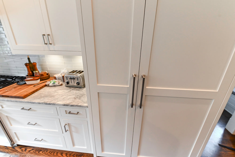 "The Belmont" Transitional White Kitchen with Island, Marble Countertop and Sub-Zero & Wolf Appliances