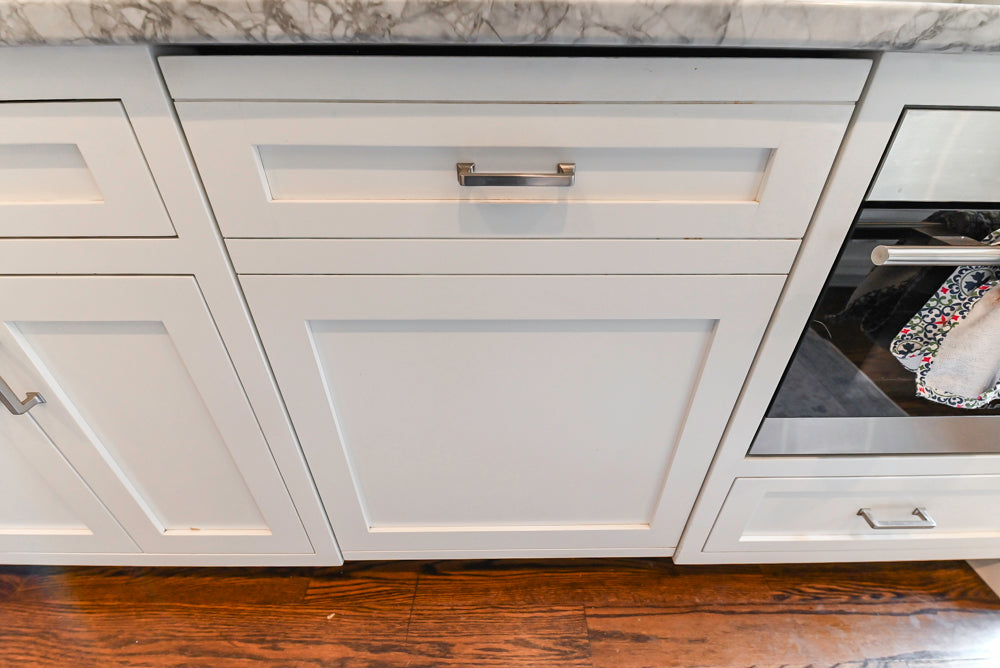 "The Belmont" Transitional White Kitchen with Island, Marble Countertop and Sub-Zero & Wolf Appliances