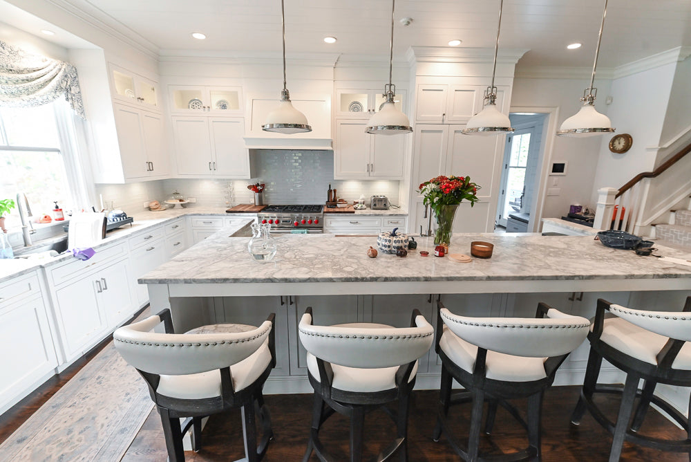 Custom Transitional White Kitchen with Island, Marble Countertop and Sub-Zero & Wolf Appliances