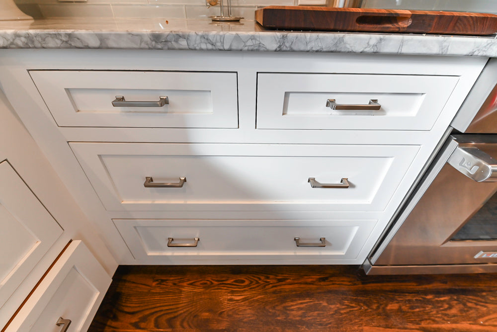 "The Belmont" Transitional White Kitchen with Island, Marble Countertop and Sub-Zero & Wolf Appliances