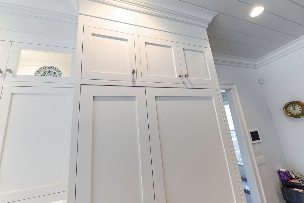 "The Belmont" Transitional White Kitchen with Island, Marble Countertop and Sub-Zero & Wolf Appliances