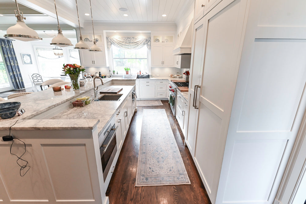 Custom Transitional White Kitchen with Island, Marble Countertop and Sub-Zero & Wolf Appliances