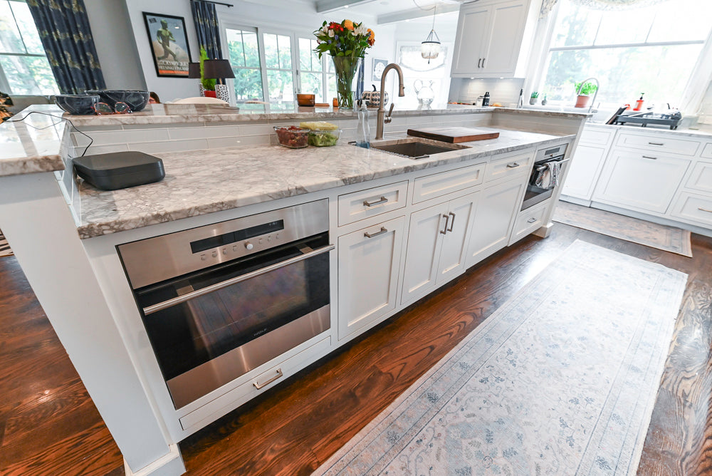Custom Transitional White Kitchen with Island, Marble Countertop and Sub-Zero & Wolf Appliances
