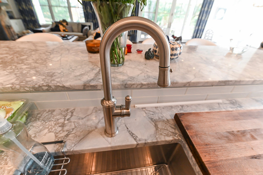 "The Belmont" Transitional White Kitchen with Island, Marble Countertop and Sub-Zero & Wolf Appliances