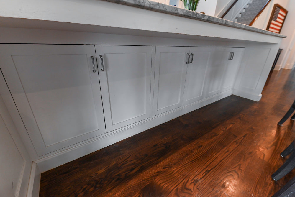 "The Belmont" Transitional White Kitchen with Island, Marble Countertop and Sub-Zero & Wolf Appliances