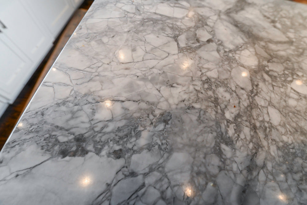 "The Belmont" Transitional White Kitchen with Island, Marble Countertop and Sub-Zero & Wolf Appliances