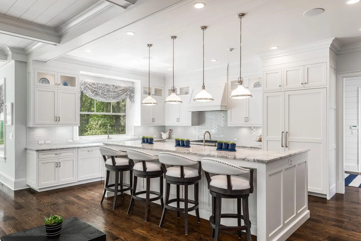 Custom Transitional White Kitchen with Island, Marble Countertop and Sub-Zero & Wolf Appliances
