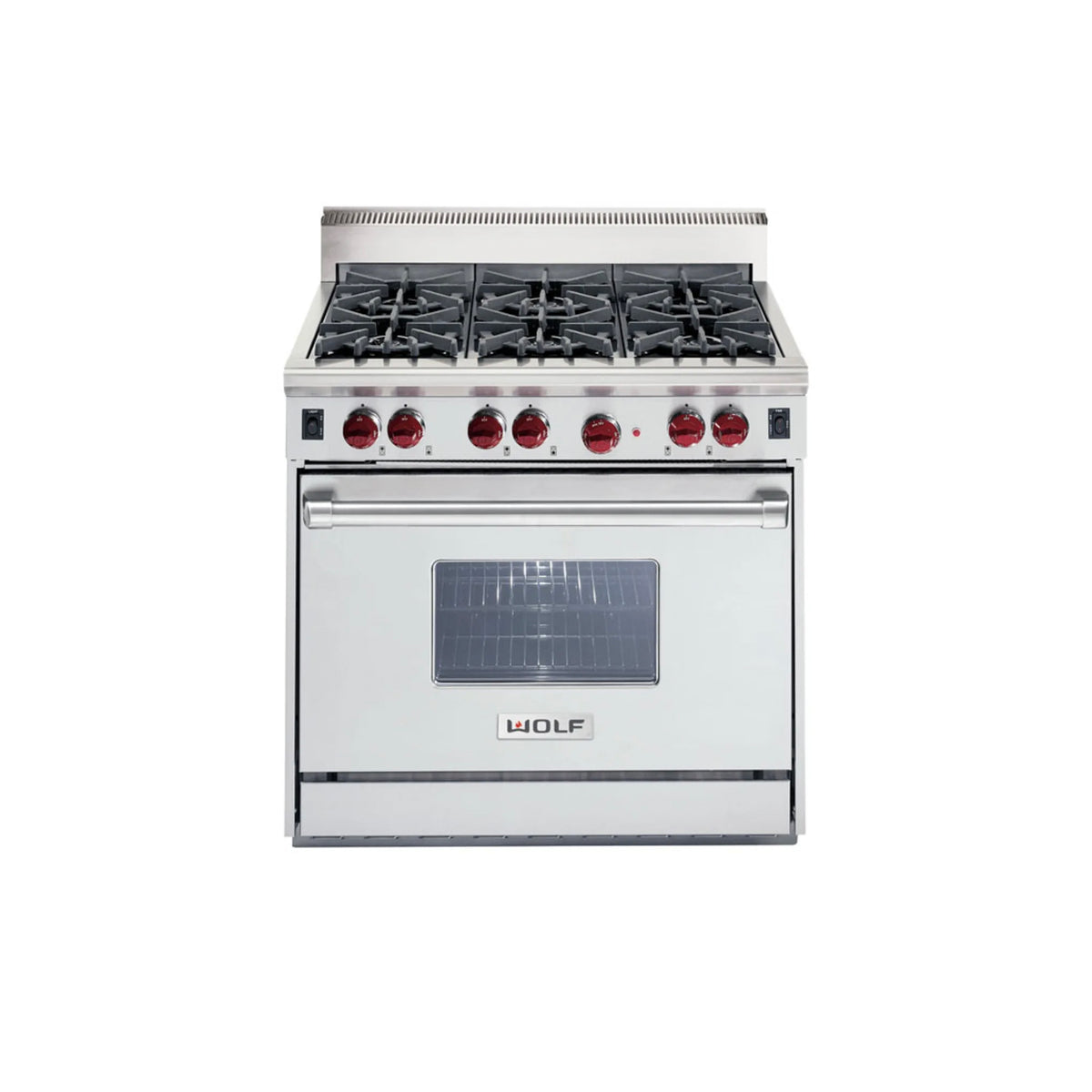 Stainless steel gas range with four burners and a oven on a white background