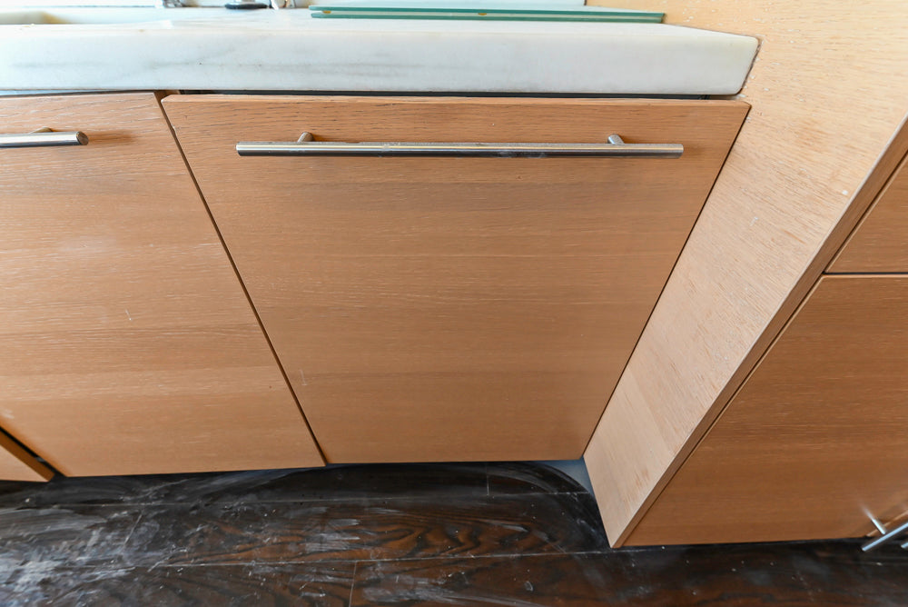 Poggenpohl Modern Light Wood Veneer Kitchen with White Marble Countertops and Appliances