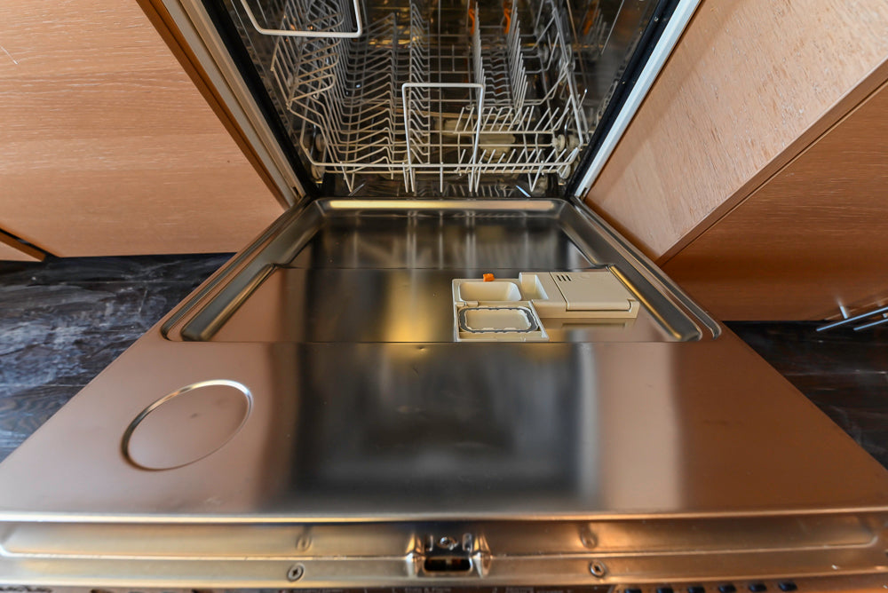 Poggenpohl Modern Light Wood Veneer Kitchen with White Marble Countertops and Appliances