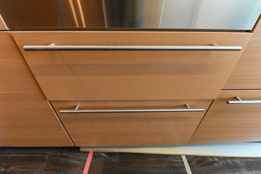 Poggenpohl Modern Light Wood Veneer Kitchen with White Marble Countertops and Appliances