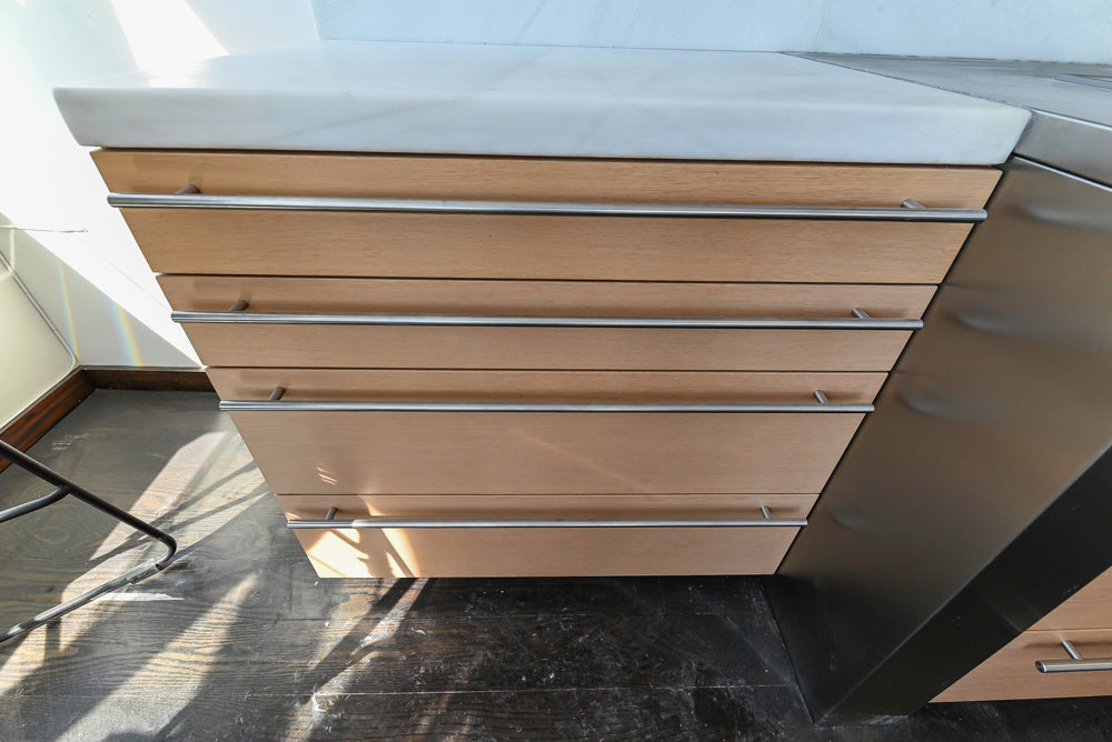 Poggenpohl Modern Light Wood Veneer Kitchen with White Marble Countertops and Appliances