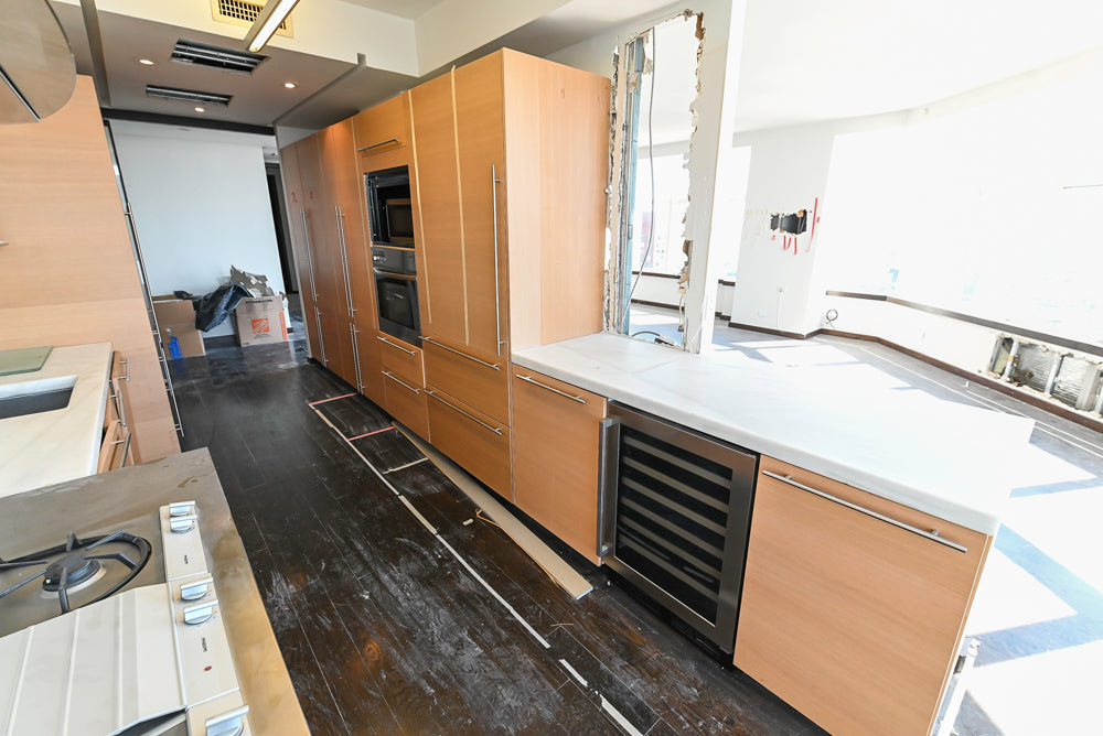 Poggenpohl Modern Light Wood Veneer Kitchen with White Marble Countertops and Appliances