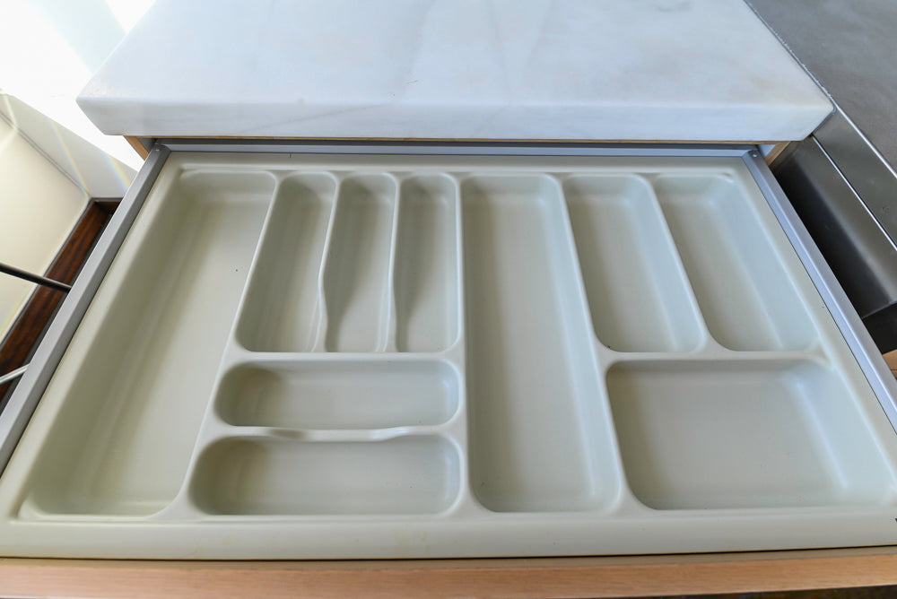 Poggenpohl Modern Light Wood Veneer Kitchen with White Marble Countertops and Appliances