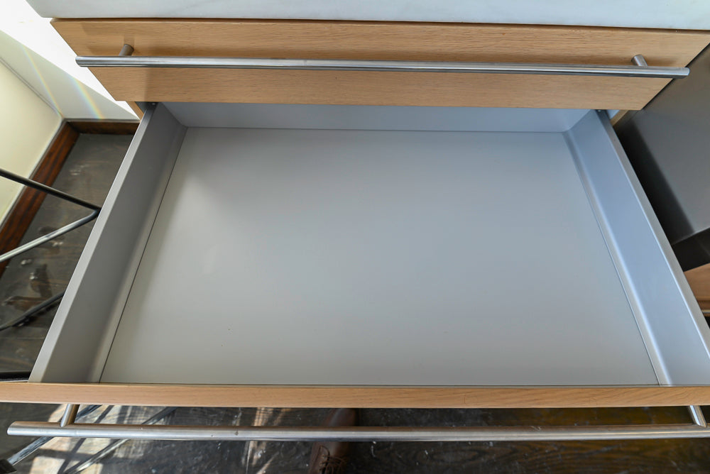 Poggenpohl Modern Light Wood Veneer Kitchen with White Marble Countertops and Appliances