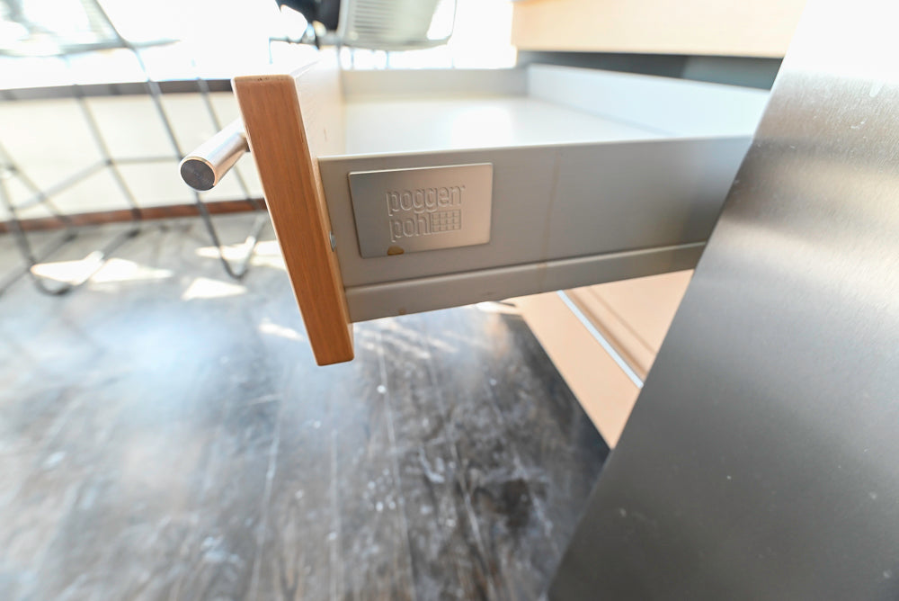 Poggenpohl Modern Light Wood Veneer Kitchen with White Marble Countertops and Appliances