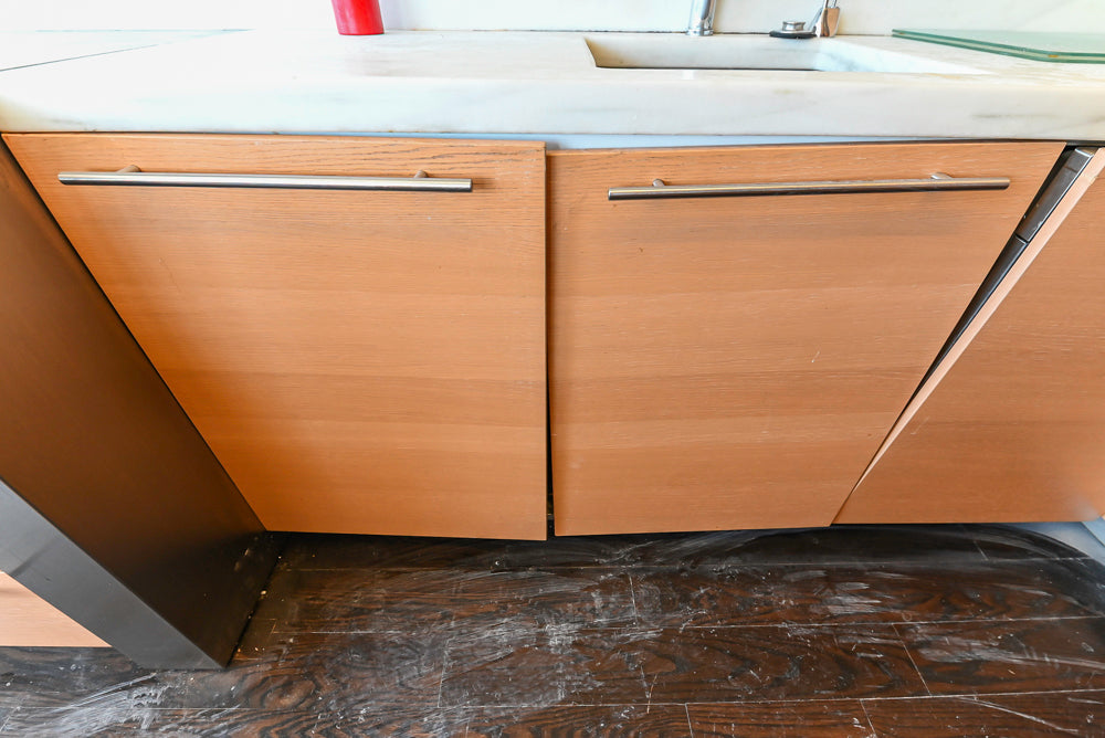 Poggenpohl Modern Light Wood Veneer Kitchen with White Marble Countertops and Appliances