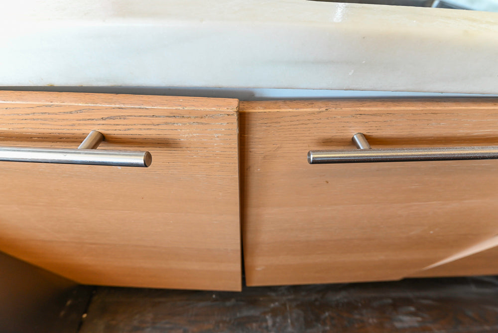 Poggenpohl Modern Light Wood Veneer Kitchen with White Marble Countertops and Appliances