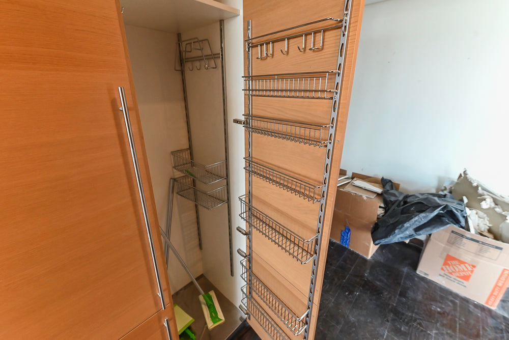 Poggenpohl Modern Light Wood Veneer Kitchen with White Marble Countertops and Appliances