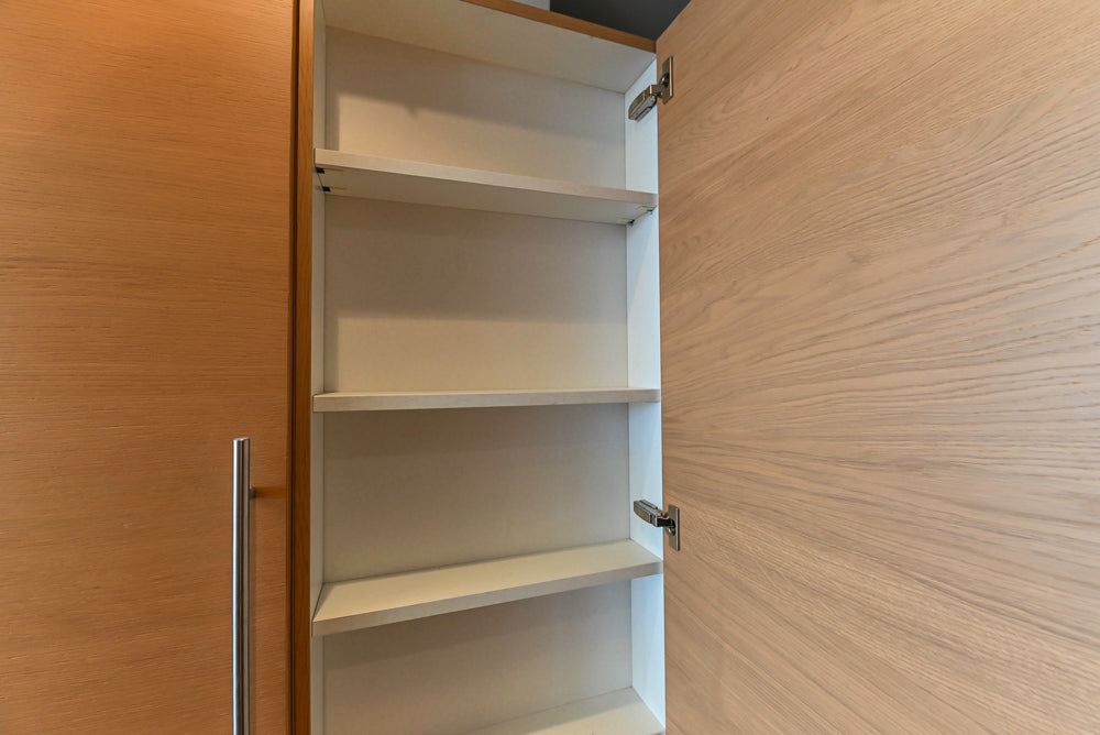 Poggenpohl Modern Light Wood Veneer Kitchen with White Marble Countertops and Appliances