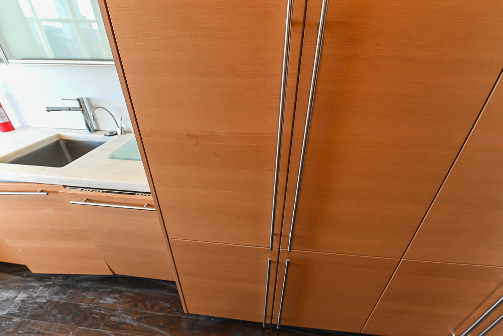 Poggenpohl Modern Light Wood Veneer Kitchen with White Marble Countertops and Appliances