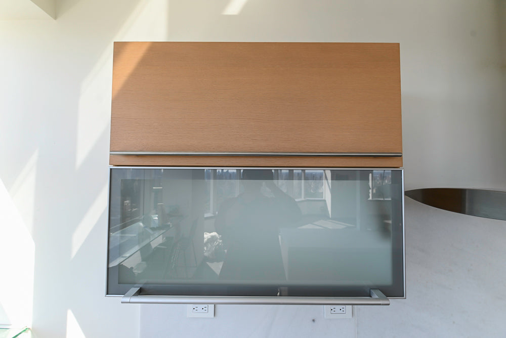 Poggenpohl Modern Light Wood Veneer Kitchen with White Marble Countertops and Appliances