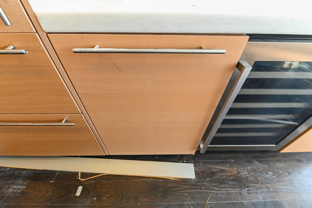 Poggenpohl Modern Light Wood Veneer Kitchen with White Marble Countertops and Appliances