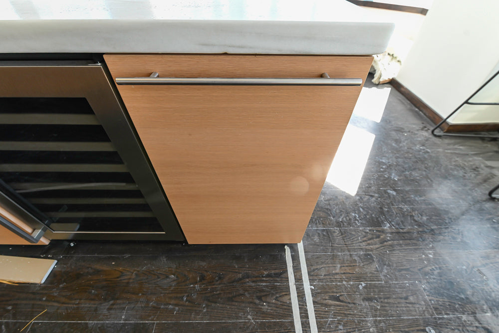 Poggenpohl Modern Light Wood Veneer Kitchen with White Marble Countertops and Appliances