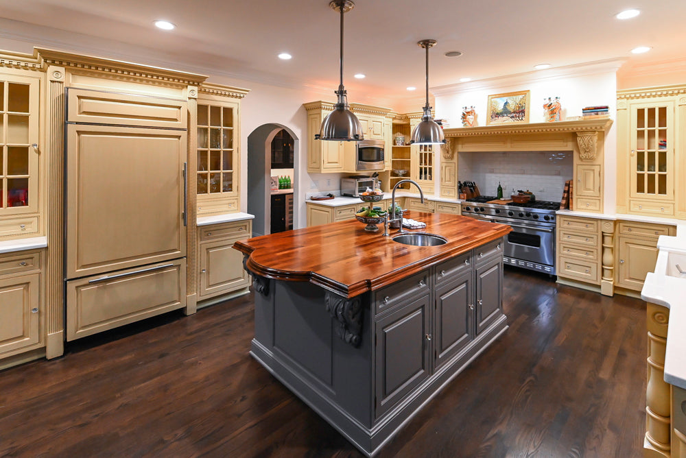Custom Traditional "Clive-esque" Kitchen with Marble Countertops, Wood Top Island and Appliances