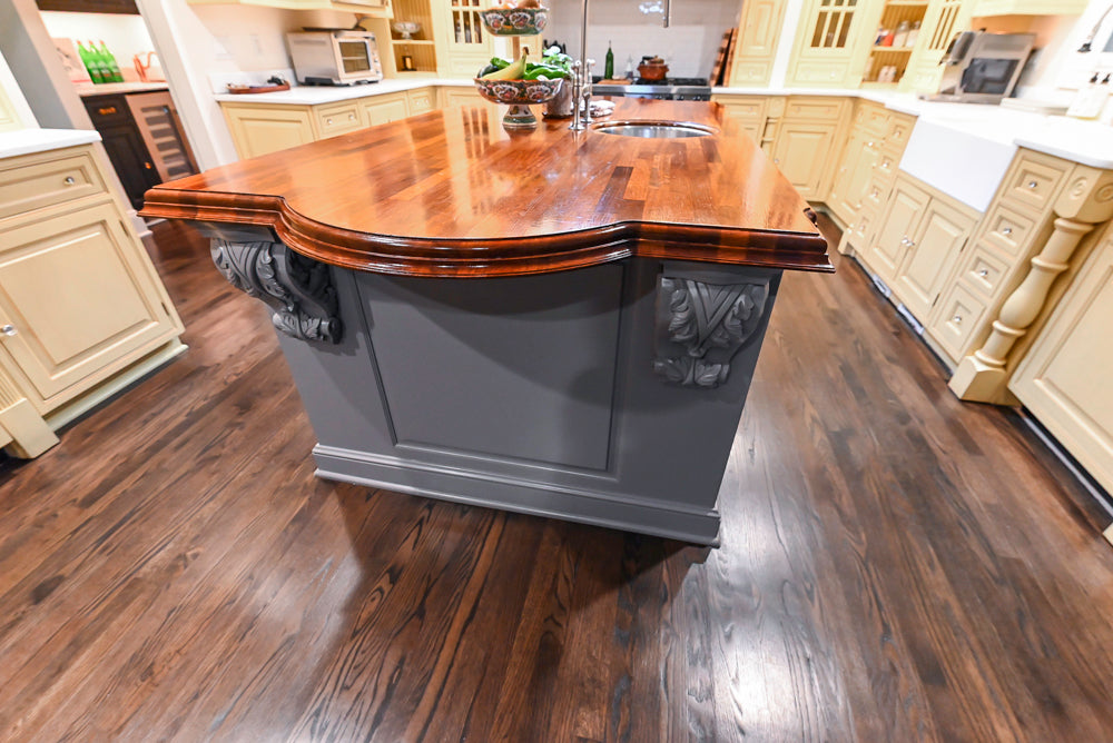Custom Traditional "Clive-esque" Kitchen with Marble Countertops, Wood Top Island and Appliances
